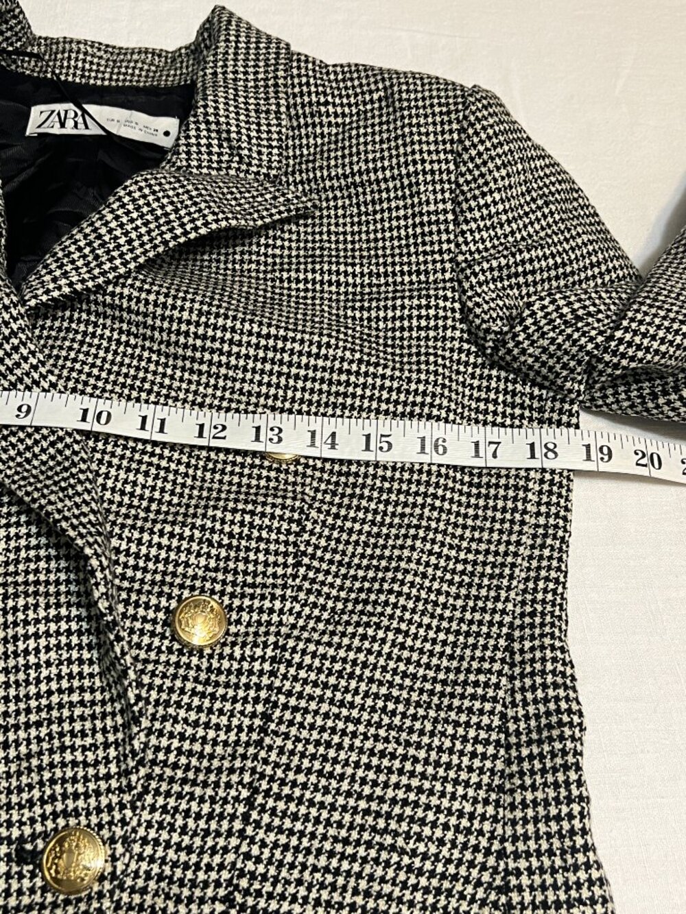 ZARA Houndstooth Blazer Womens Small Double Breasted Gold Button Tailored Tweed - Picture 8 of 15